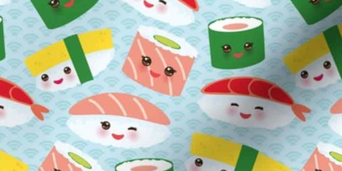 900x900 Fabric by the Yard Japanese Kawaii Sushi on baby blue background