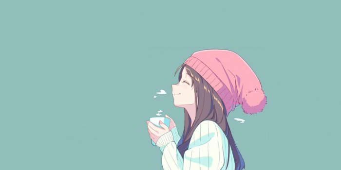 1332x850 Wallpaper Girl, Hot, Anime, Green, Smile, Coffee, Minimalism, Cute