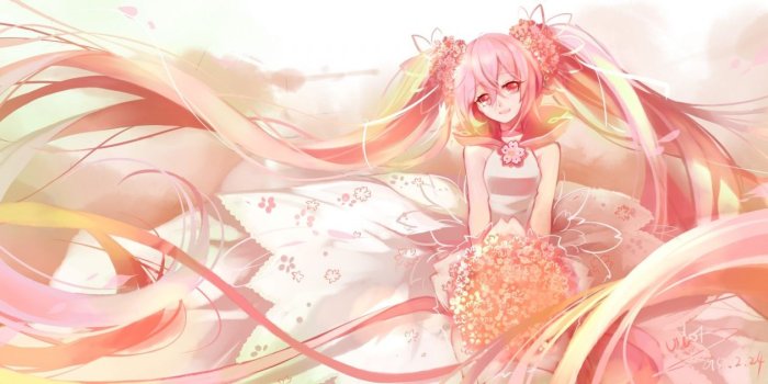 1260x700 Dress flowers hatsune miku long hair pink hair polychromatic red
