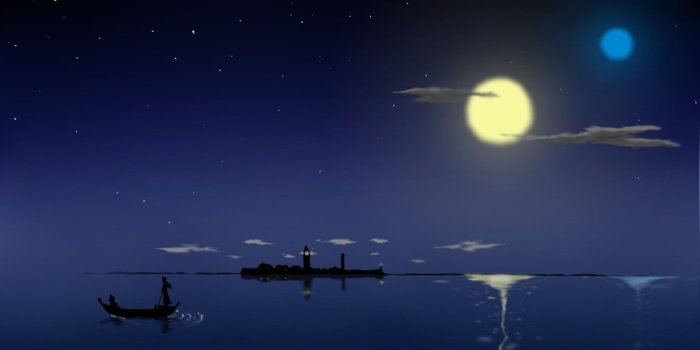 1600x900 Sea horizon during night illustration, anime, boat, moonlight, night