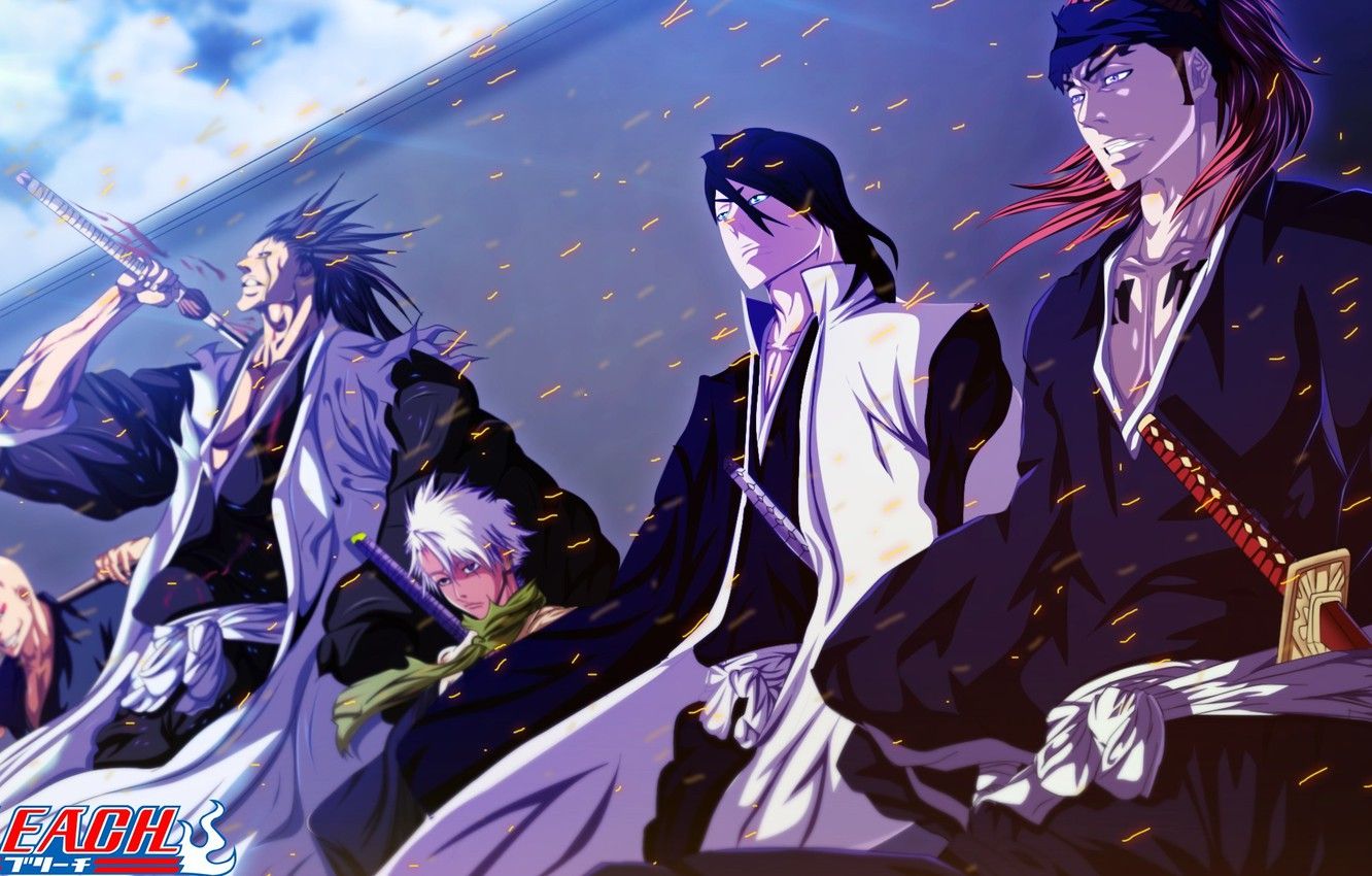 1332x850 Wallpaper fire, flame, sword, logo, game, Bleach, sky, anime, katana