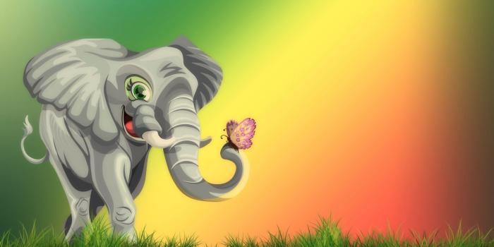 1366x768 Download wallpaper 1366x768 elephant, butterfly, cute, art, grass