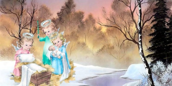 1024x768 Angels watching over baby Jesus, christianity, Christmas, Jesus