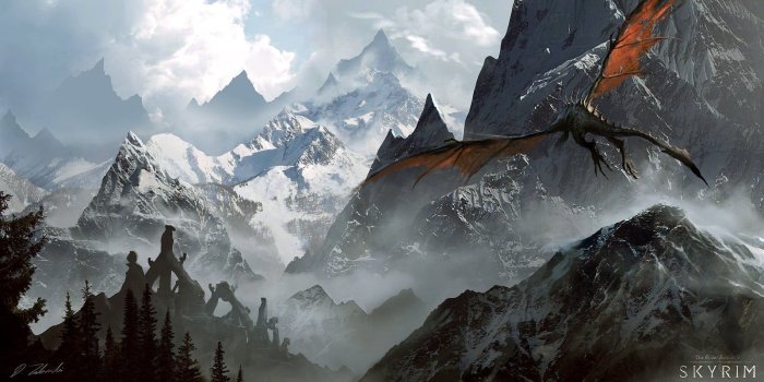 1600x815 Dragon wallpaper, fantasy art, The Elder Scrolls V: Skyrim, video