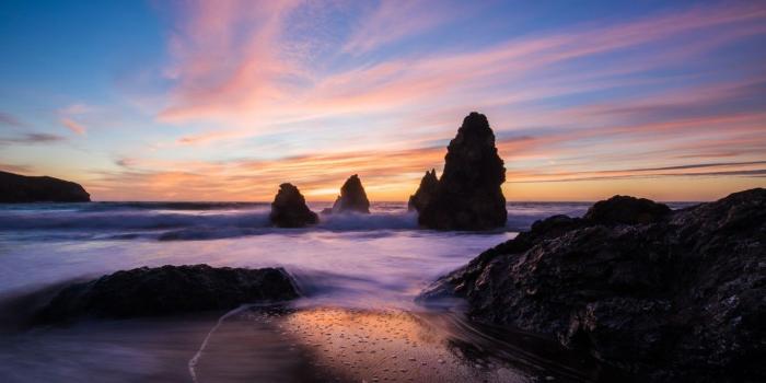 1366x768 Download 1366x768 Sunset, Ocean, Horizon, Coast, Rocks Wallpapers