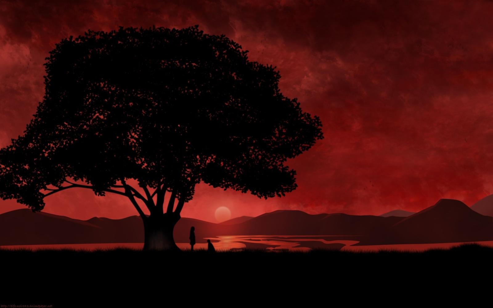 2560x1600 2560x1440 Anime Red Sunset & Tree YouTube Channel Cover