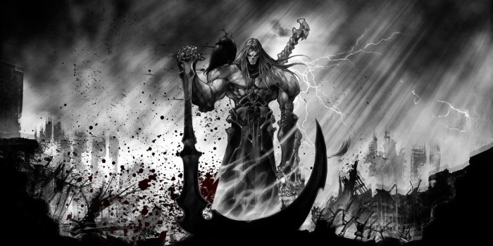 1920x1080 Man standing while holding blade digital wallpaper, monochrome