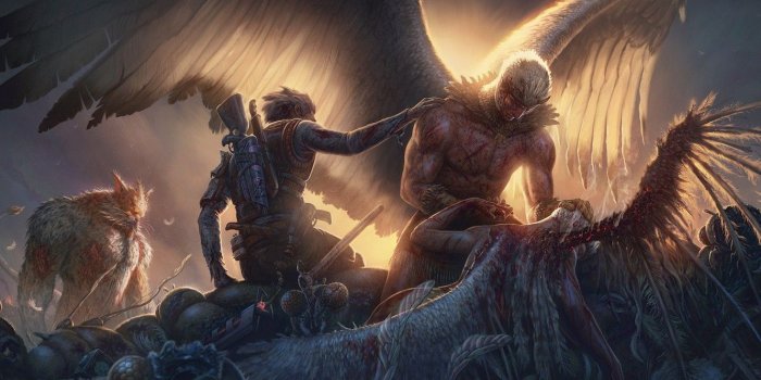 1332x850 Wallpaper sword, gun, blood, monster, weapon, dead, wings, man, ken