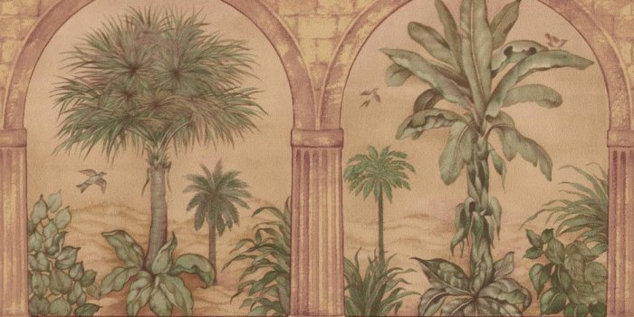 1000x1000 Green Palm Trees through Reddish Beige Arch Columns Portal Vintage  Prepasted Wallpaper Border