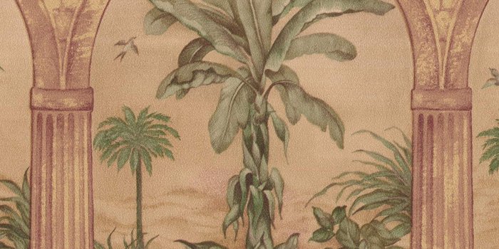 1500x1497 Green Palm Trees through Reddish Beige Arch Columns Portal Vintage