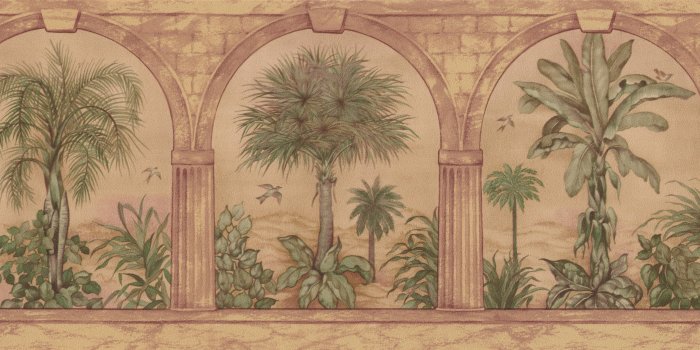 7060x2040 Green Palm Trees through Reddish Beige Arch Columns Portal Vintage