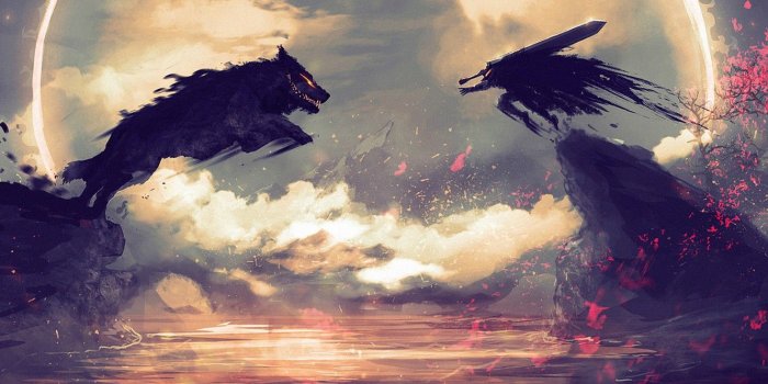 1332x850 Wallpaper sword, anime, art, wolf, Berserk, rage, Guts images for