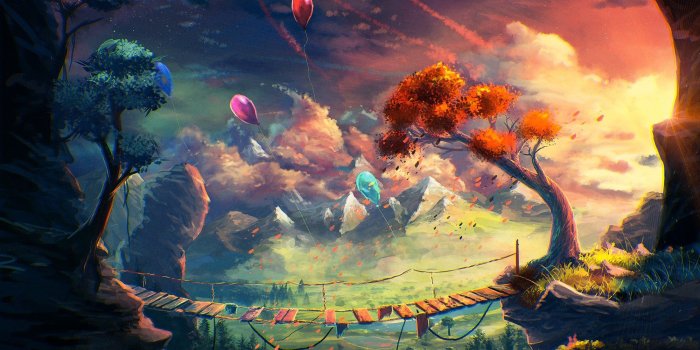 2000x1270 balloons, bridge, mountain, fantasy art, anime, artwork, clouds