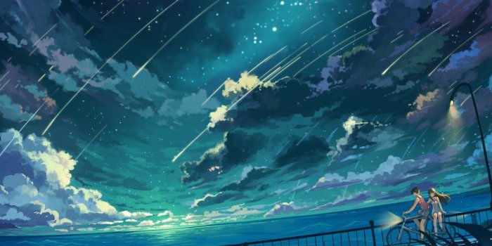 1332x850 Wallpaper the sky, girl, stars, clouds, landscape, nature, bike, the