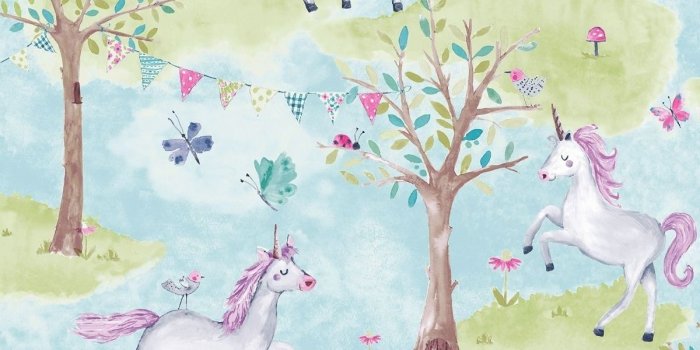 1200x1200 Little Ones Eco Unicorn Wallpaper Blue GranDeco LO2102