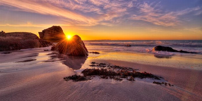 1280x794 Beach: Sandy Shores Sands Ocean Glow Sea Rocks Sunset Sky Nice Water