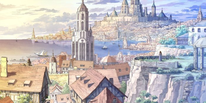1920x1080 Download 1920x1080 Anime City, Fantasy World, Sea, Ships, Buildings