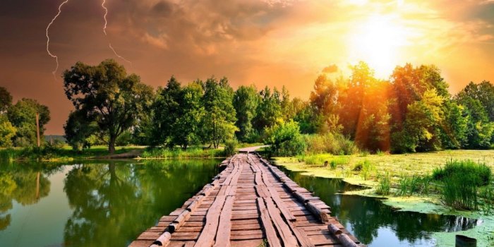 1366x768 Bridges, Simplewooden, Bridge, Lightning, Storm, Sunset, Lake, Wood