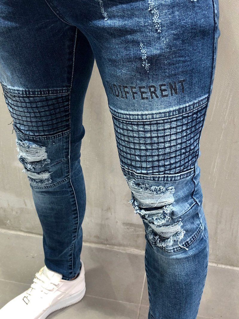 800x1067 Men Skinny Fit Half Stripe Ripped Jogger Jeans - Blue 4059 in 2019