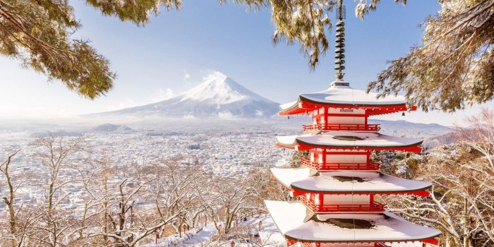 1332x850 Wallpaper winter, mountain, Japan, pagoda, Fuji images for desktop