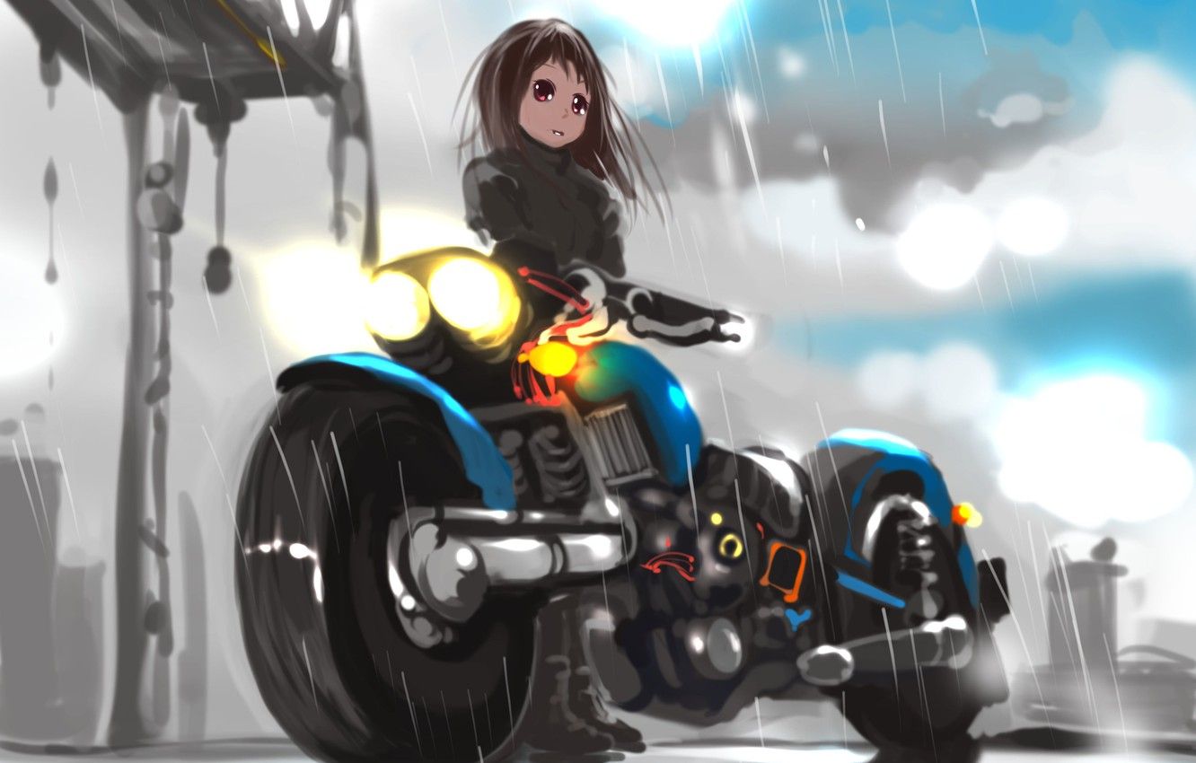 1332x850 Wallpaper rain, anime, motorcycle images for desktop, section прочее
