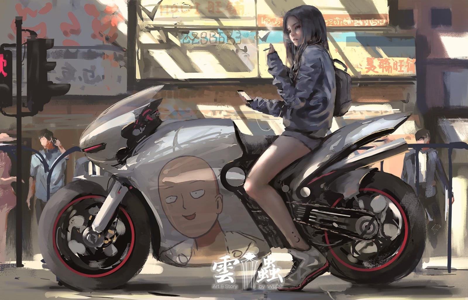 1920x1232 Gray sports bike, anime girls, solo, Saitama, motorcycle HD