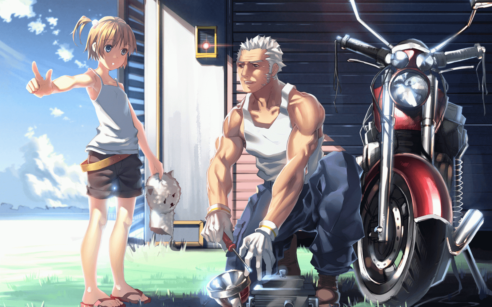 1920x1200 Download 1920x1200 Anime Girl, Father, Motorcycle, Sunshine, Working