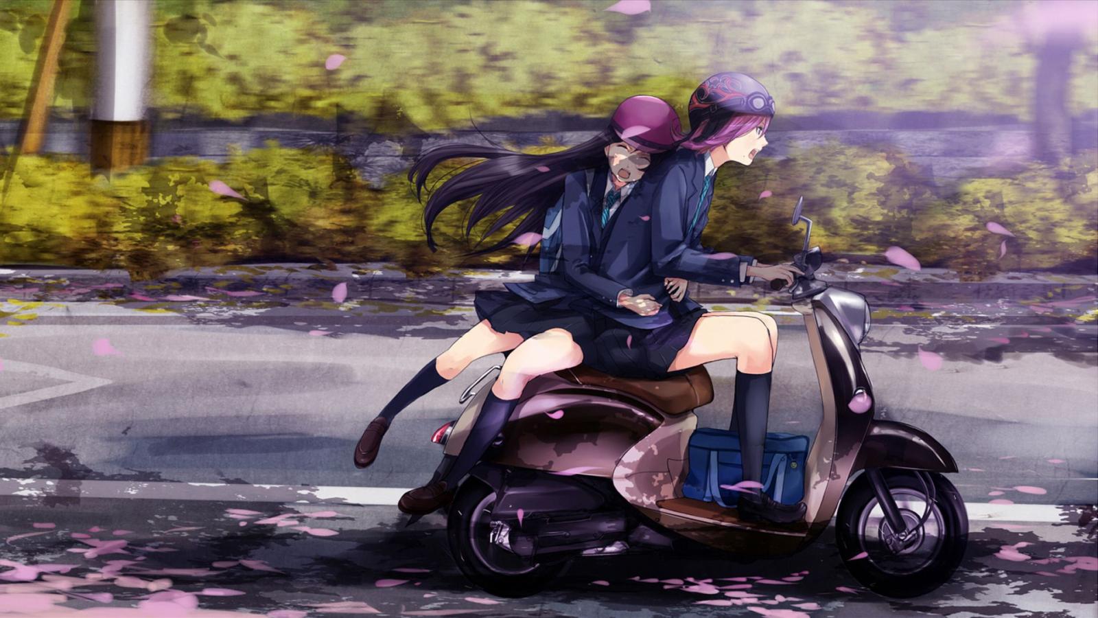 1920x1080 wallpaper, school, motorcycle, Brown Hair, pink hair, school uniform