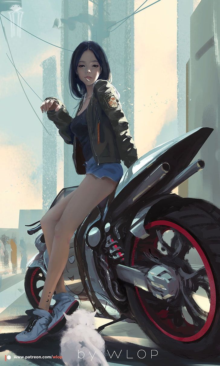 728x1207 HD wallpaper: woman sitting on sports bike illustration, WLOP, anime