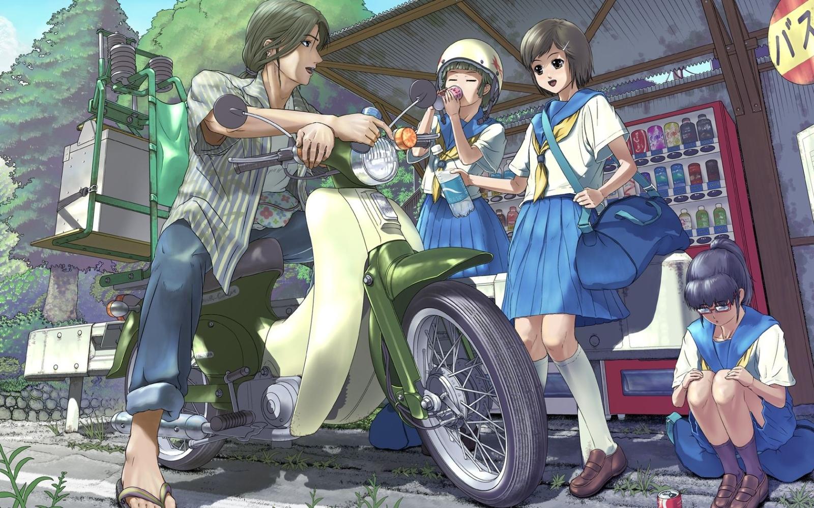 1680x1050 Download 1680x1050 School Girl, Motorcycle, Anime Boy Wallpapers for