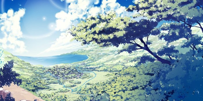 1920x1117 Tree anime illustration, anime, landscape, sky, trees HD wallpaper