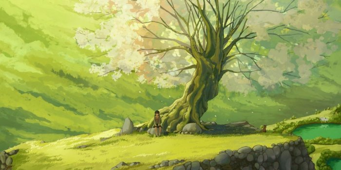 1132x700 Landscapes nature trees grass ponds sitting anime girls wallpaper