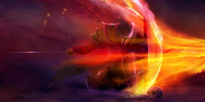 1332x850 Wallpaper fire, sake, sword, fantasy, soldier, armor, weapon