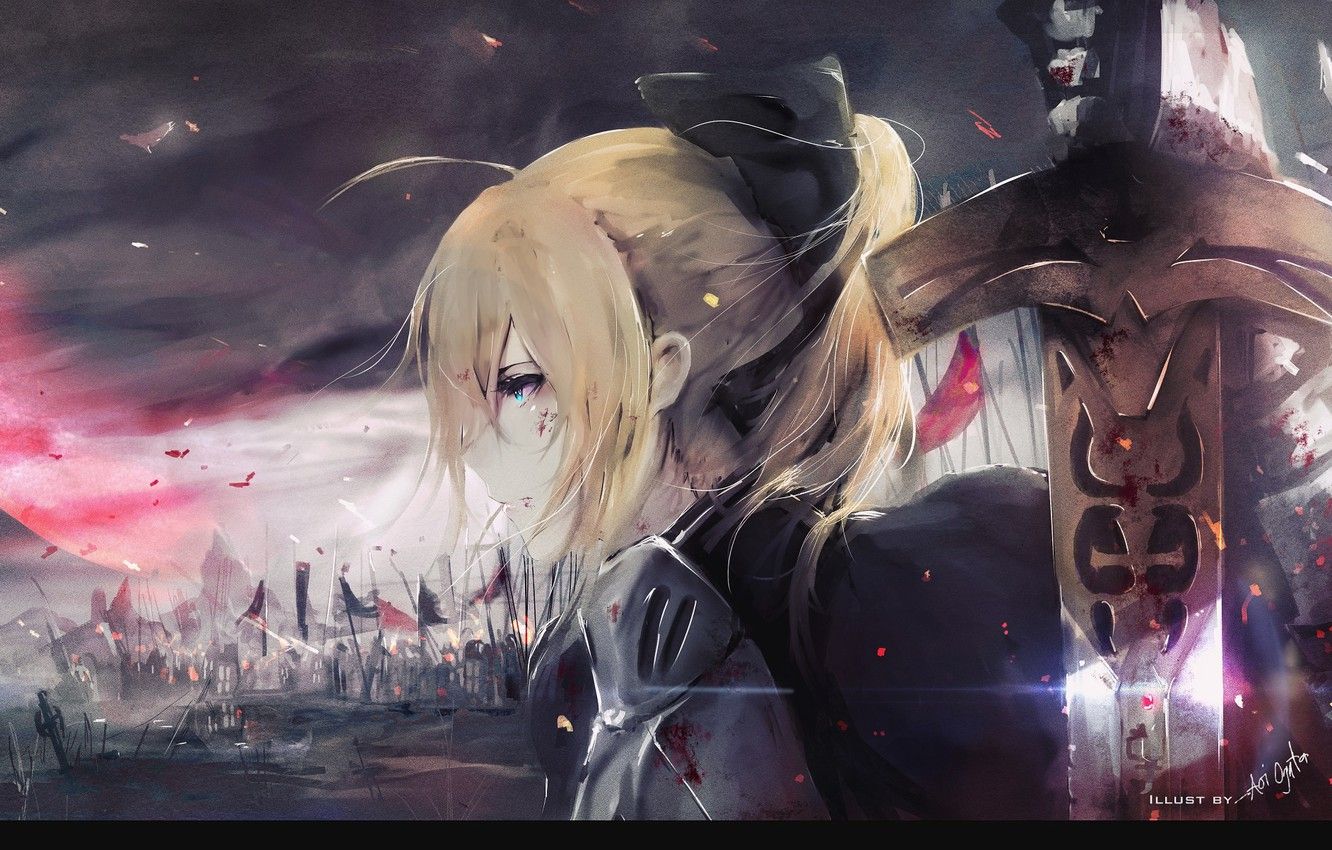 1332x850 Wallpaper girl, anime, art, battlefield, saber, the saber, fate