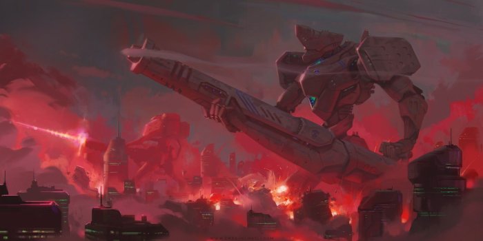 1920x971 Giant robot holding gun digital wallpaper, artwork, science fiction
