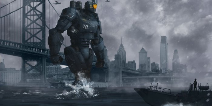 2560x1440 Download 2560x1440 Wallpaper Giant Robot, Bridge, Walk, Artwork