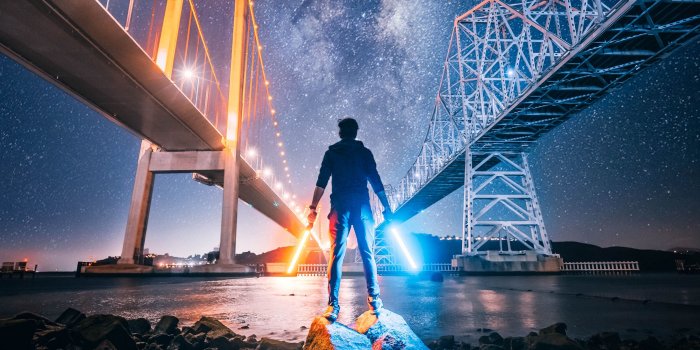 3415x3415 Download wallpaper 3415x3415 light swords, neon, man, bridge, night