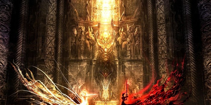 1600x1200 light, fantasy, dark, red, yellow, battle, fantasy art, swords