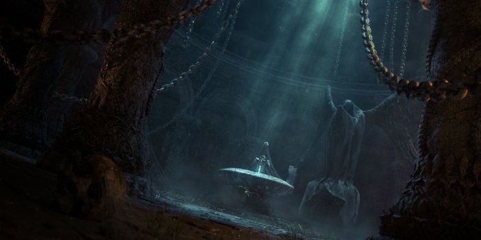 1244x700 Art fantasy temple darkly sword statue chains light abandonment