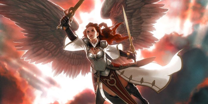 1332x850 Wallpaper girl, clouds, light, wings, armor, swords, Magic: The