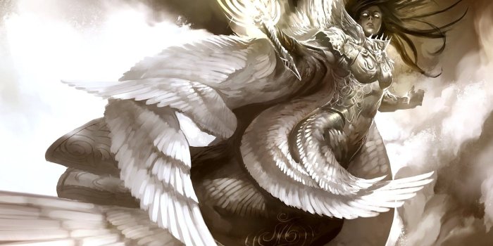 1680x1050 Angel girl armor sword wings flight swing view clouds light