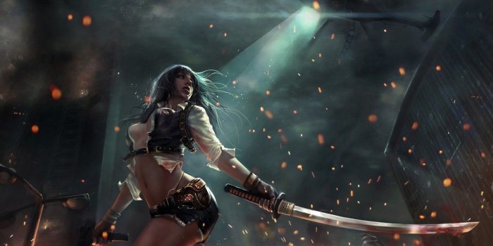 1332x850 Wallpaper Girl, The city, Girl, Helicopter, Sword, Sparks, City