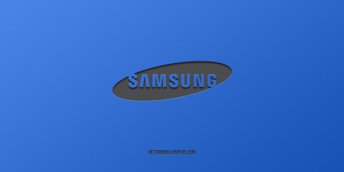 2560x1600 Download wallpapers Samsung, logo, blue background, brands, emblem