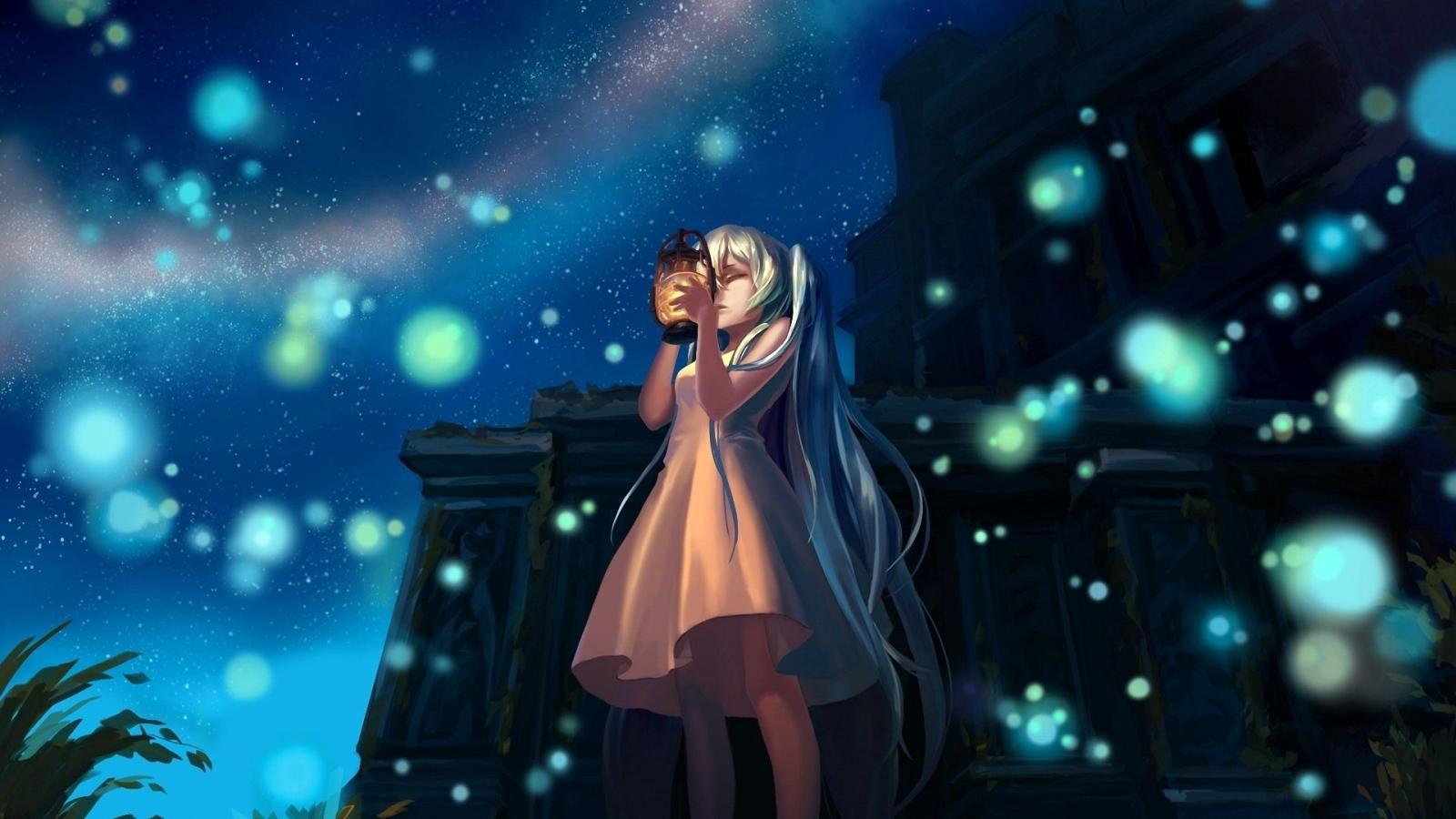 1920x1080 Download wallpaper 1920x1080 anime, girl, glow, lights, night, lamp