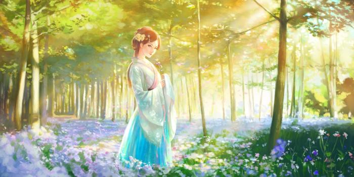 1920x1200 Wallpaper Beautiful Chinese girl, retro style, forest, flowers, art