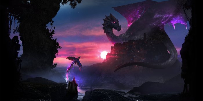 2560x1440 Digital wallpaper of purple dragon resting on mountain HD wallpaper