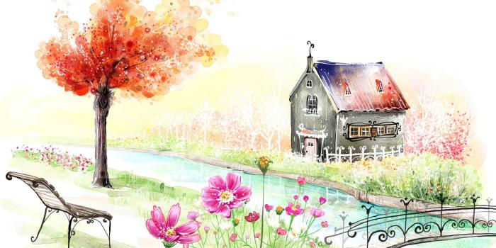 1920x1200 Wallpaper Spring garden house beautiful painting 1920x1200 HD