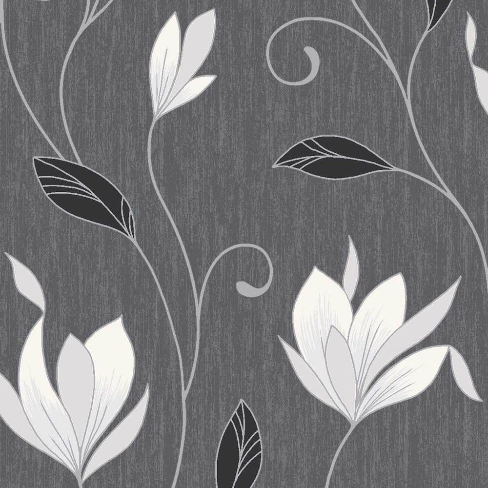 1000x1000 Vymura Synergy Glitter Floral Wallpaper Ebony Black White Silver
