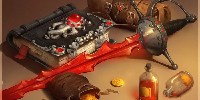 1332x850 Wallpaper weapons, gold, sword, fantasy, art, book, coins