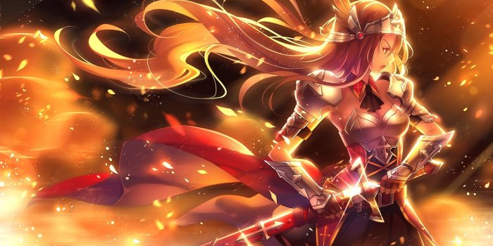 1920x1200 Wallpaper Anime girl, golden warrior, sword, weapons, armor